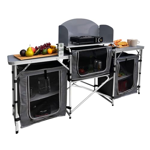 CAMP SOLUTIONS Camping Kitchen Table, Portable Folding Aluminum Cooking Table with 3 Storage Cupboards and Carrying Bags, Outdoor Cooking Station for Beach BBQ RV Traveling Camping Party (Grey)