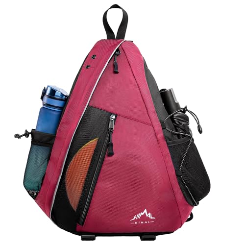 Himal Outdoors Disc Golf Sling Bag Holds 10+ Discs, Small Disc Golf Bag Multiple Storage with Retriever Holder (Black Red)
