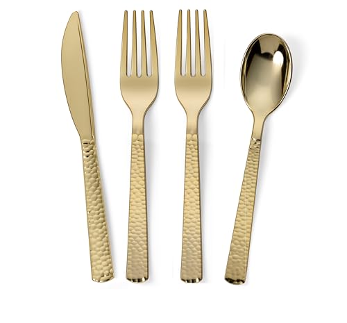 Perfect Settings 300 Pieces Gold Plastic Cutlery Set - Gold Metallic Plastic Silverware with a Hammered Finish - Tableware Set (75 Plastic Spoons, 75 Plastic Knives, 150 Plastic Forks)