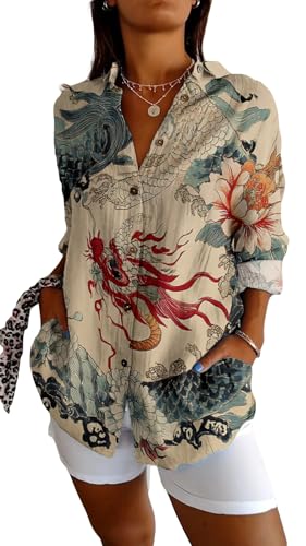 HOTYD Boho Floral Print Button Down Shirts for Women Long Sleeve Casual Shirts Vintage Blouses for Women Dressy Casual Ladies Summer Tops and Blouses Womens Graphic Shirts C-Japanese Dragon Beige M