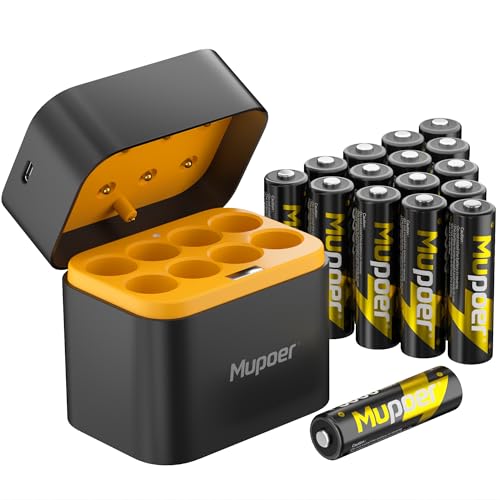 Mupoer Rechargeable AA Lithium Batteries with Charger,16 Count 3600 mWh 1.5V Double A Batteries High Capacity,Long Lasting Rechargeable AA Li-ion Battery with Integrated Charging Storage Box - Gold