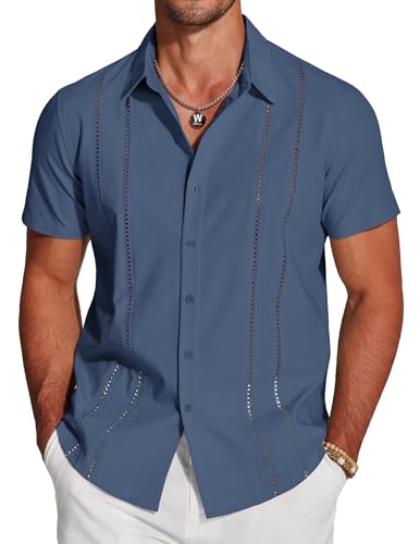 COOFANDY Men's Vacation Shirts Short Sleeve Casual Button Down Shirts Cuban Shirts Dark Blue