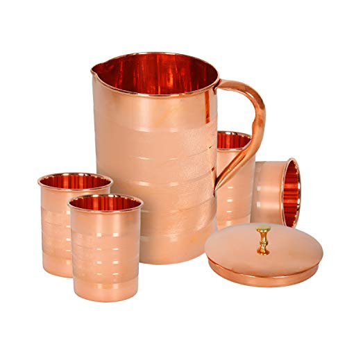 Pure Copper Pitcher with a Lid, Large Size Solid Copper, Copper Water Luxury Jug with 4 glasses, Capacity 54 Oz/1600ml, Copper Carafe For Home, Hotels & Gifting