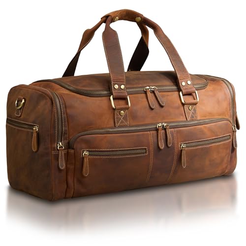 Luxorro Full Grain Leather Duffel Bag for Men - Carry On Travel Bag, Mens Duffle for Traveling, Overnight Travel Duffel Bags, 22 Inch Cabin Bag for Air Travel, Vintage Brown