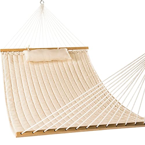 Lazy Daze Hammocks 12 FT Double Quilted Fabric Hammock with Spreader Bars and Detachable Pillow, 2 Person Hammock for Outdoor Patio Backyard Poolside, 450 LBS Weight Capacity, Natural