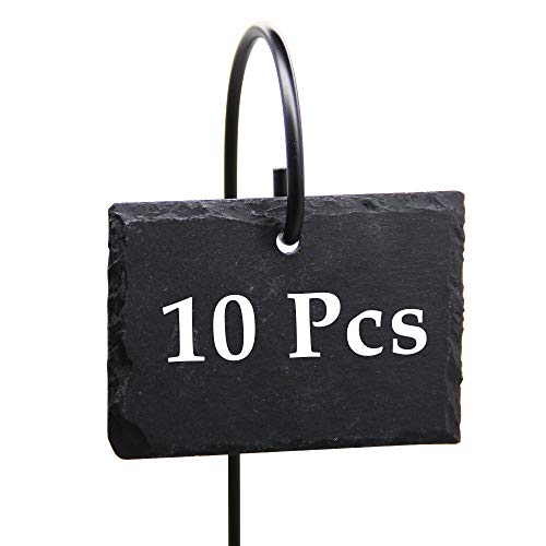 FORUP Plant Labels, 10pcs Garden Markers Signs Labels, Weatherproof Reusable Natural Slate Hanging Tags on Stainless Steel Metal Rod for Flower Bed, Pots, Planters