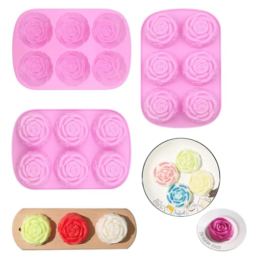 HYCSC Silicone Rose Molds - 6 Cavity Silicone Flower Mold, Non-Stick Large Rose Chocolate Molds, Great for Ice Cube Tray, Candy Mold, Resin Mold, Handmade Soap Mold (3Pcs)
