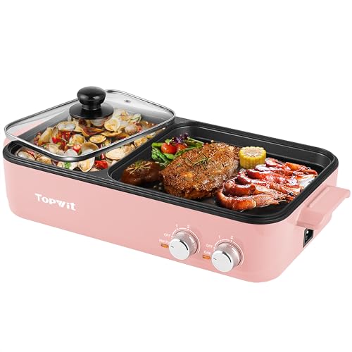 Topwit Hot Pot Electric with Grill, 2 in 1 Indoor Non-stick for Steaks, Shabu Shabu, Noodles, Simmer and Fry, Korean BBQ Grill, Independent Dual Temperature Control, Pink