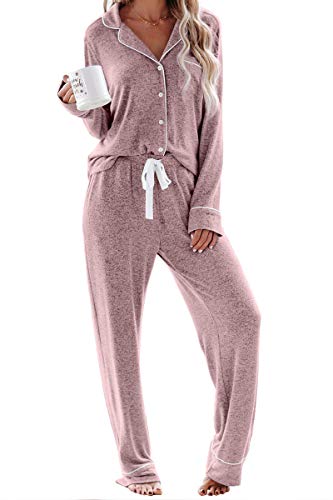 Aamikast Women's Two-piece Classic knit Pajama Sets Long Sleeve Button Down Sleepwear (M, Pink)