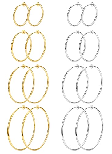 Magitaco 8 Pairs Clip On Hoop Earrings Stainless Steel Clip On Earrings for Women Fake Hoop Earring Spring Hoop Earring For Non-Pierced Ears GS