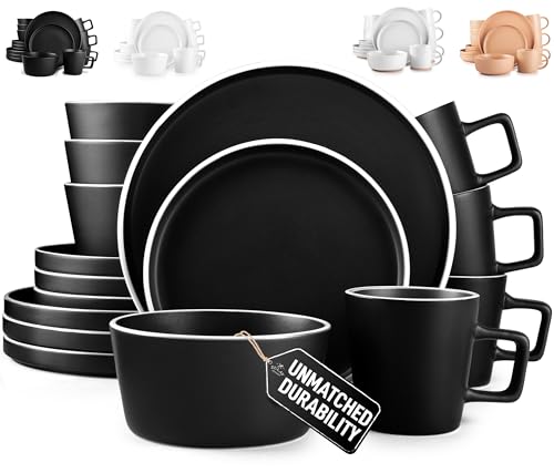Zulay Kitchen Terra Stoneware Dinnerware Set, Artisanal Ceramic Plates and Bowls Set Crafted at 2300℉ - Service for 4, Black Matte with White Rim