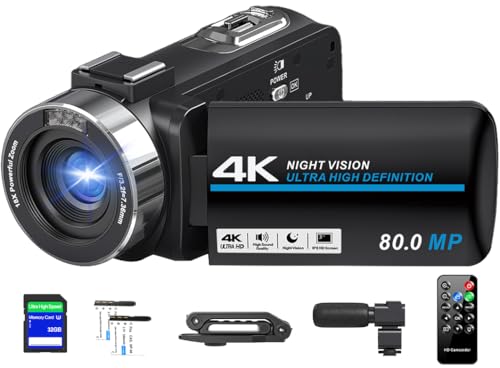 Camcorder Video Camera 4K Ultra HD 80MP Vlogging Camera for YouTube 18X Digital Zoom Recorder IR Night Version 3.0" IPS HD Screen With Handheld Stabilizer, Microphone, Remote Control and 32GB SD Card