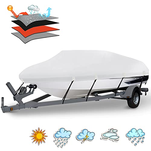 HAHASOLE Heavy Duty 1200D PU Waterproof Boat Cover, 20'- 22' Trailerable Marine Grade Polyester Canvas, Fits 20-22ft V-Hull, Runabout, Fishing Boat, Tri-Hull, Pro-Style Bass Boat with Tightening Strap