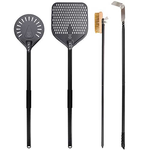 SHANGPEIXUAN Pizza Turning Peel 9 Inch Perforated Pizza Peel and Pizza Brush Ash Rake 4 Piece Wood Fired Commercial Pizza Oven Utensil Kit with 40-Inch Aluminum Handle