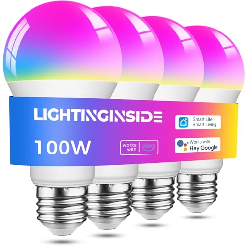 Lightinginside Smart Light Bulbs 100W Equivalent, 1350LM 11W WiFi Smart Bulb Compatible with Alexa/Google Assistant/Smart Life, A19 E26 RGBCW Color Changing, No Hub Required,2.4G WiFi, ETL Listed,4PCS