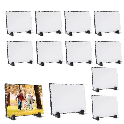 YOUKE OLA 12 Pack Sublimation Slate Blank Rock Stone Photo Rectangular Frame Heat Transfer Plaque Picture Frame with Display Holder for DIY Craft 5.9 x 7.9 Inch