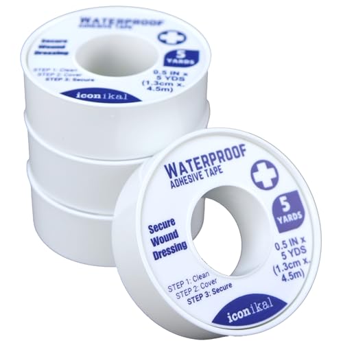 Iconikal 4-Pack First Aid Waterproof Adhesive Tape, 0.5 Inch x 5 Yards, White for Wound Care Gauze Wrap