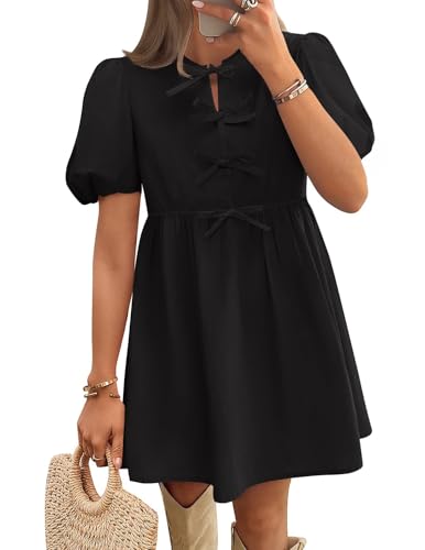 ZESICA Women's Summer Short Sleeve Tie Front Mini Dress Cute Babydoll Ruffle Pleated A Line Tunic Dresses,Black,Small