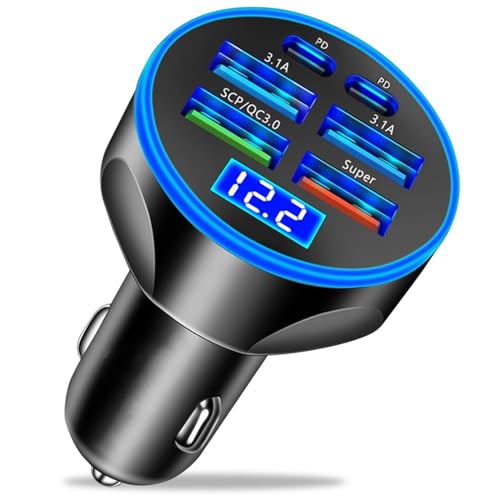 Super Fast Charge USB C Car Phone Charger Adapter 6 in 1 with Voltage Display 250W Multi Port Cigarette Lighter USB Charge for iPhone 16 15 14 13 12 11 Samsung Galaxy Huawei Oneplus Oppo Vivo