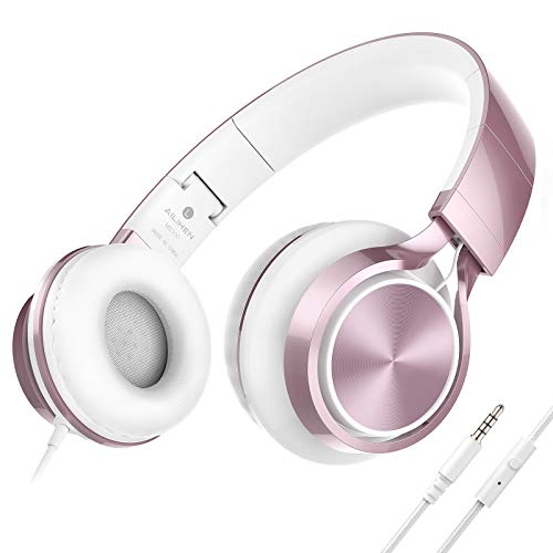 AILIHEN Kids Headphones, Headphones for School Girls Wired On-Ear Headsets with Microphone for Chromebook Laptop Computer, Foldable Adjustable Teen, Tangle-Free, 3.5mm Jack (Rose Gold)