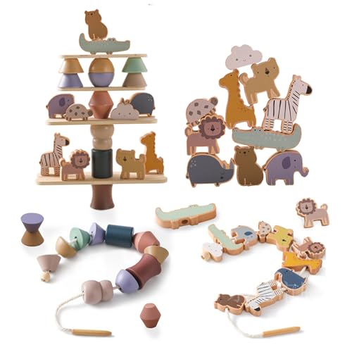 Smartwo Wooden Animals Threading Toys Lacing Beads for Toddlers 2 3 4 5 Years Old, Stacking Blocks Balance Toy, Educational Preschool Learning Toy, Montessori Activities for Boys & Girls