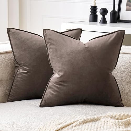 MIULEE Pack of 2 Decorative Velvet Throw Pillow Cover Soft Pillowcase Solid Square Cushion Case for Sofa Bedroom Car 24x24 Inch 60x60 Cm Dark Coffee