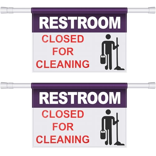 Engrowtic 2 Set Restroom Hanging Doorway Barricade Sign with Twist to Tighten Adjustable Pole 11.2'' x 18'' Bathroom Restroom Closed for Cleaning Safety Signs Kit for Restrict Access