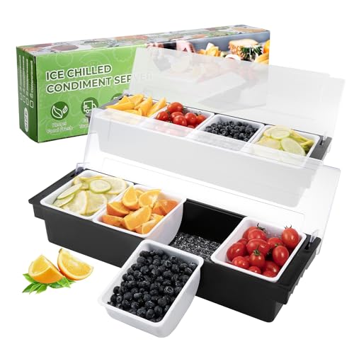 POWLAB Fruit, Veggie & Condiment Caddy with Lid Dispenser Tray Garnish Station for Bartending & Serving Taco (2, 4 Compartment)