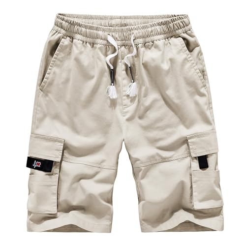 APTRO Men's Elastic Waistband Cotton Cargo Shorts Relaxed Fit Summer Casual Shorts A901 Beige S
