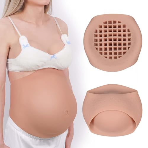 Funxzior Silicone Fake Pregnancy Pregnant Belly with Ventilation Grid Realistic Beer Belly for Cosplay Actors Film Props (Mid Trimester, Waist L Size, Tan)