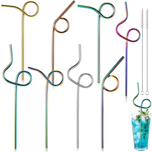 Gejoy 8 Pcs Reusable Stainless Steel Straw with Design Curved Silly Straws with 2 Cleaning Brushes Multicolor Metal Drinking tubes for Kids Adults Juice