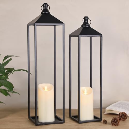 22'' 19'' Large Lanterns Decorative Outdoor Indoor, Set of 2 Black Metal Candle Lanterns with Flameless Candles Modern Farmhouse Floor Lanterns Decorative for Home Decor, Mantle, Patio, Porch, Garden