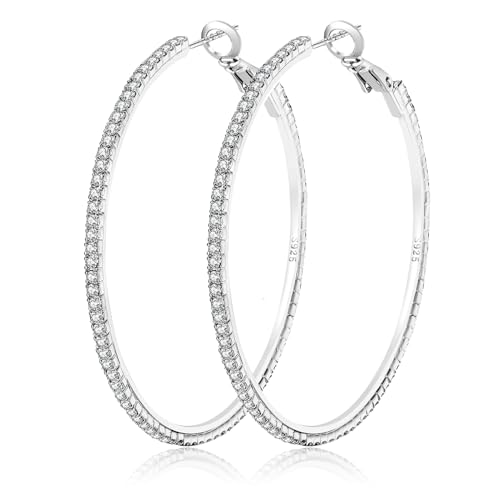 Large Rhinestone Hoop Earrings 925 Sterling Silver Post Cubic Zirconia Hoop Earrings Thin Rhinestones Round Hoop Earrings for Women Silver Hoop Earrings Sparkly Hoop Earrings with Crystals for Womens