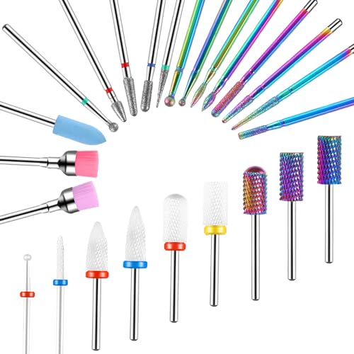 Cellentool 25Pcs Nail Drill Bits Set, 3/32 Inch Tungsten Ceramic Diamond Carbide Nail Drill Bits for Acrylic Gel Polish, Cuticle Efile Remover for Manicure Pedicure