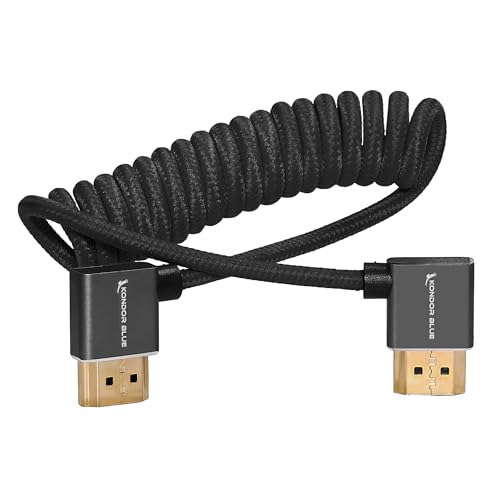 KONDOR BLUE 4K Right Angle HDMI to HDMI Thin Short Coiled Braided Cable for On-Camera Monitors, Capture Cards + More | 4K/60hz | 18Gbps 3D HDR MetaData | 12" ~ 24" Inch | Black