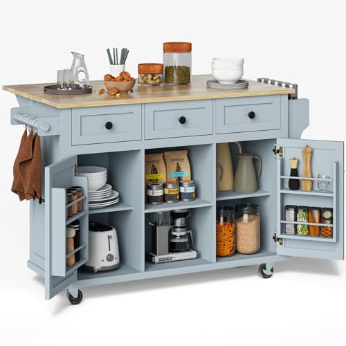 Rovibek Kitchen Island with Drawers 53 in Rolling Island Cart Mobile Portable Islands on Wheels Solid Wood Island with Storage Cabinet & Drawers, Blue
