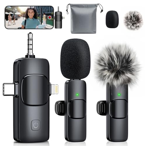 MENERESAS Mini Microphone, 3 in 1 Wireless Lavalier Microphones for iPhone, iPad, Camera and Android Devices, Noise Reduction Lapel Mic, Clip on Mic for Video Recording Vlog, YouTube, Interview