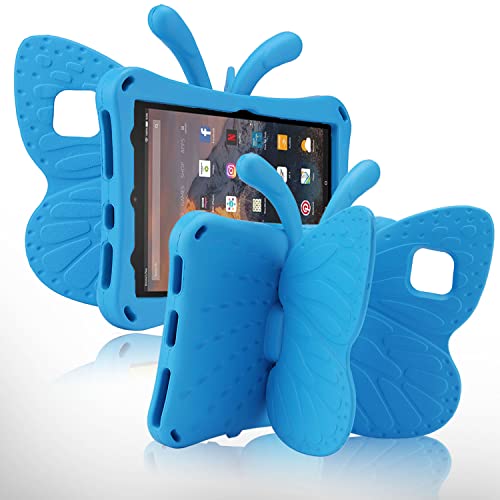 Simicoo Fire HD 8 Tablet 10th Gen 2020 HD 8 Plus 2022 Case Cute Butterfly Case with Stand for Kids Light EVA Rugged Shockproof Heavy Duty Kids Friendly Full Cover for New Fire HD 8 8Plus (Blue)