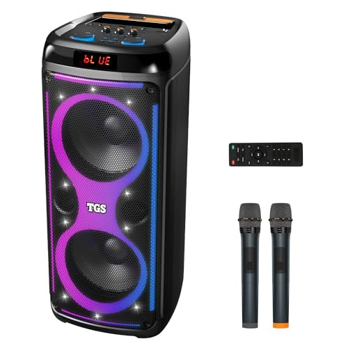 Dual 8" Karaoke Machine with 2 Wireless UHF Microphones, Portable Bluetooth Speakers for Adults & Kids, PA System for Party with Disco LED Lights, Supports for TF Card/USB, AUX in, FM, REC,TWS