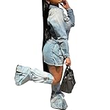 TACSTRUN Women's Sexy Bodycon Denim Dress Long Sleeve Button Down Distressed Washed Jean Dress,Blue,M