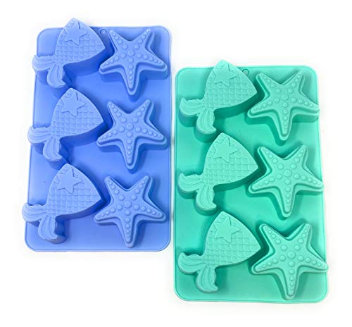 2 Pack Mermaid Tail & Seashell Silicone Molds for Making Cakes, Candy, Bath Bombs, Chocolates, Fondant, Ice Cubes: Colors May Vary: Mermaid or Under the Sea Birthday Themed Party