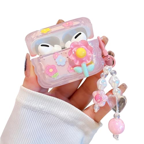 PHOEACC Cute Airpod Pro 2 / Airpod Pro Case 3D Flower with Keychain Clear Hard TPU Protective Cover Compatible with AirPods Pro 2nd/1st Generation Case for Girls Women (Floral Pink)