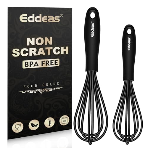 Eddeas Silicone Mini Whisk, Small whisks Non-Stick Tiny Whisks set of 2（5.5in & 7.5in）-Heat Resistant (450°F) Whisks, Balloon Egg Beater Perfect for Whisking, Beating, Mixing, Blending, Black