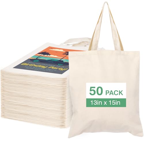 Lzerking 50 Pack Canvas Tote Bag Bulk Sublimation Blank Bags, 13x15 Inches 10oz Medium Lightweight Reusable Grocery Shopping Cloth Bags for DIY Gifts or Prizes