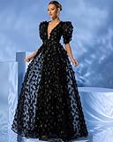 Women's Floral Tulle A Line Puffy Sleeve Prom Dresses Elegant V Neck Formal Evening Party Gowns Black