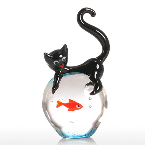 Tooarts Cat and Goldfish Sculpture Glass Ornament Cat Figurine Hand Blown, Christmas Birthday Gift [Black & Red]