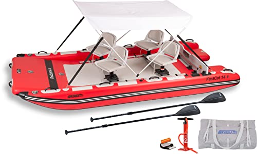 Sea Eagle FastCat Catamaran 2-4 Person Inflatable Boat-Rigid, High-Pressure, All-Drop Stitch, Easy Setup, Self-Bailing (FastCat14 Swivel Seat Canopy Package)