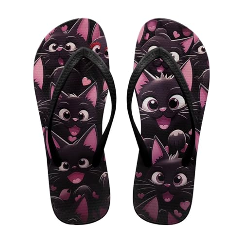 Jeiento Cartoon Black Cat Flip Flops for Women Soft Lightweight Beach Sandal for Cat Lover,Adult Couple Slippers for Indoor Outdoor,9 US