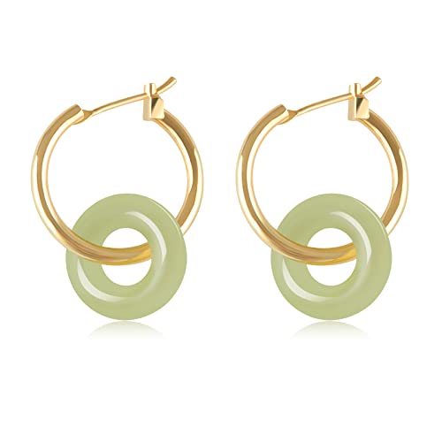 Natural Green Hetian Jade Dangle Hook Big Hoop Earrings Minimalist Circle Jade Drop Earrings 14K Gold Jewelry Birthday Gift for Women Girl