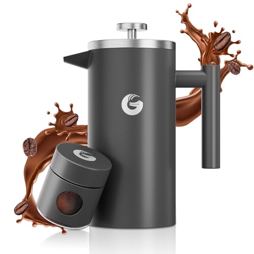 Coffee Gator French Press Coffee Maker - 34oz Double Insulated Stainless Steel Brewer plus Travel Jar Canister, Portable Hot Cold Brew Teapot Cafetera for Coffee Bar Accessories Kitchen Camping, Gray